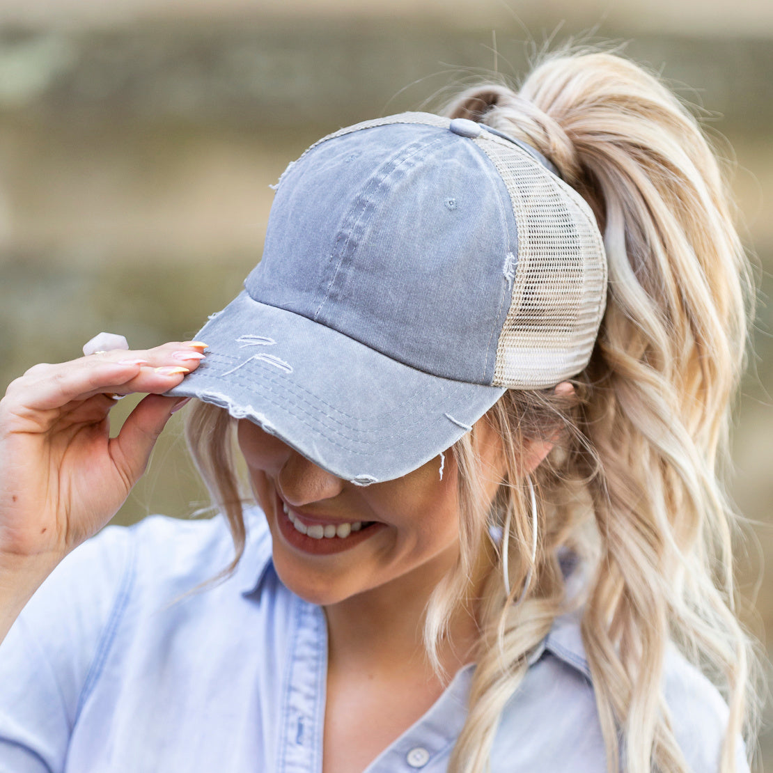 Distressed Messy Bun Hat Cap | Ponytail & Bun Opening