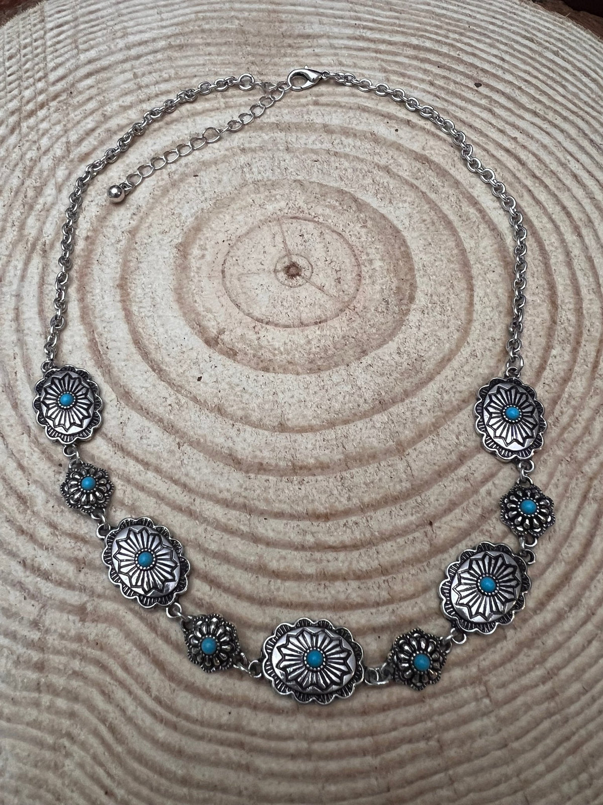 Western Linked Concho Necklace with Faux Turquoise — 18 Inch with Extender
