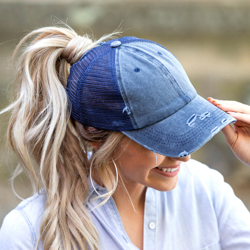 Distressed Messy Bun Hat Cap | Ponytail & Bun Opening