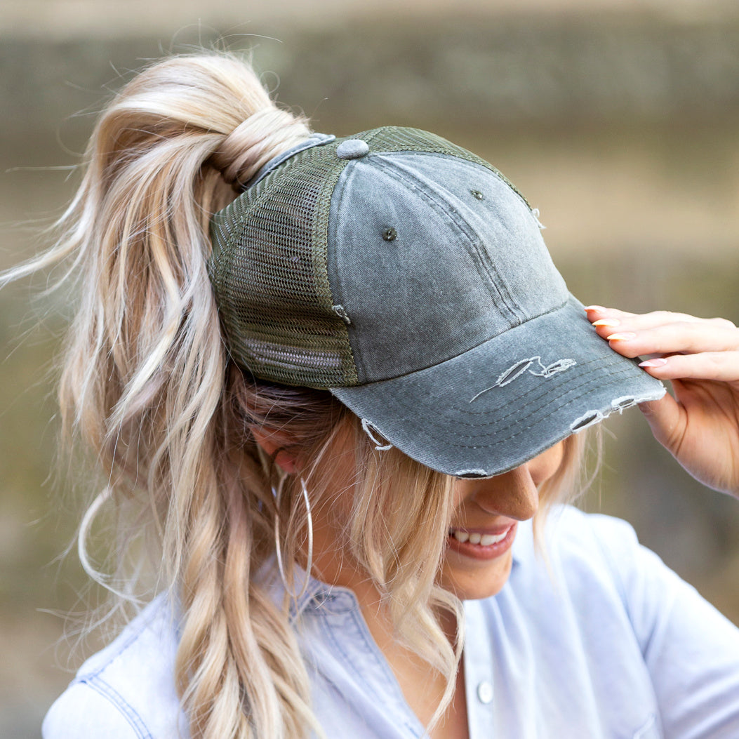 Distressed Messy Bun Hat Cap | Ponytail & Bun Opening