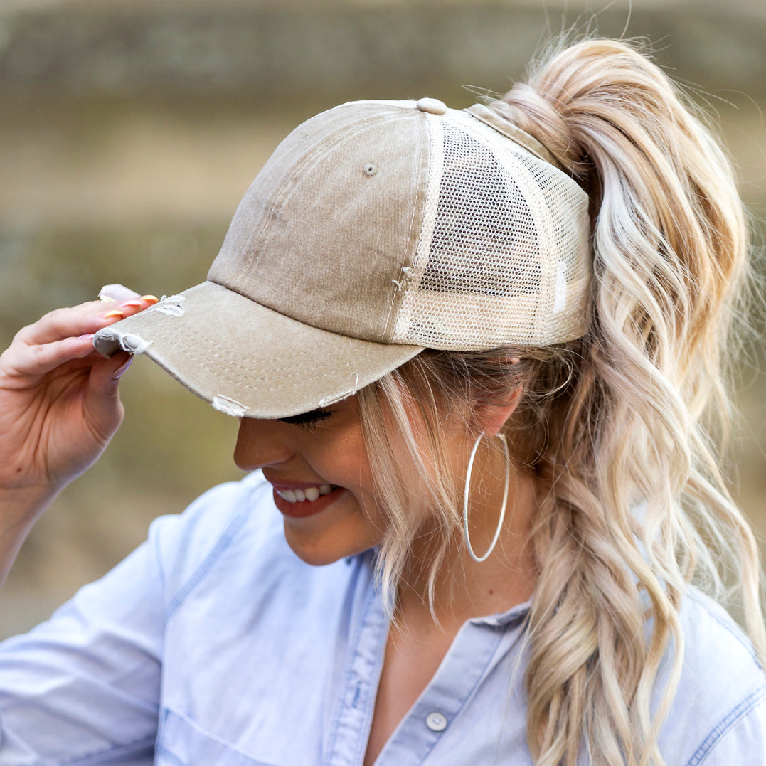 Distressed Messy Bun Hat Cap | Ponytail & Bun Opening