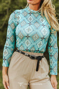 Turquoise Aztec Printed Long Sleeve Mesh Tops